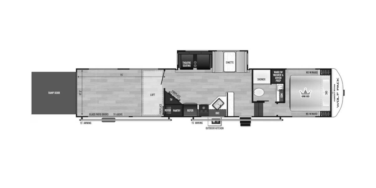 2025 Cherokee Wolf Pack Limited Toy Hauler 350PACK15 Fifth Wheel at 72 West Motors and RVs STOCK# 223068 Floor plan Layout Photo